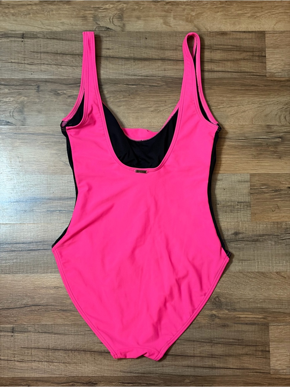 NWOT DKNY Hot Pink One-Piece Swimsuit Sheer Black Side Stripe pool beach Sz 4 - Picture 2 of 8